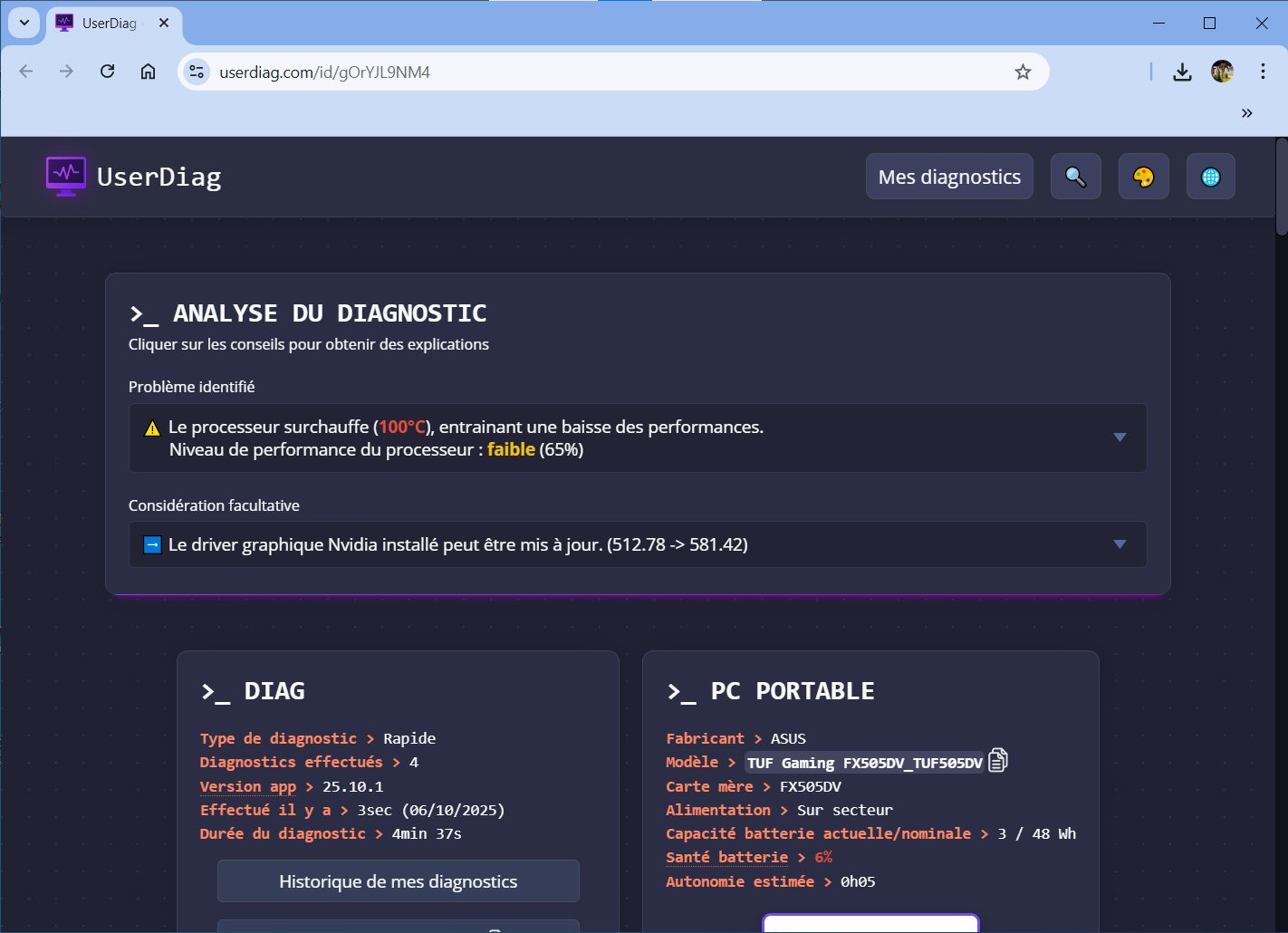 diagnostic complet du PC dans votre navigateur web après analyse